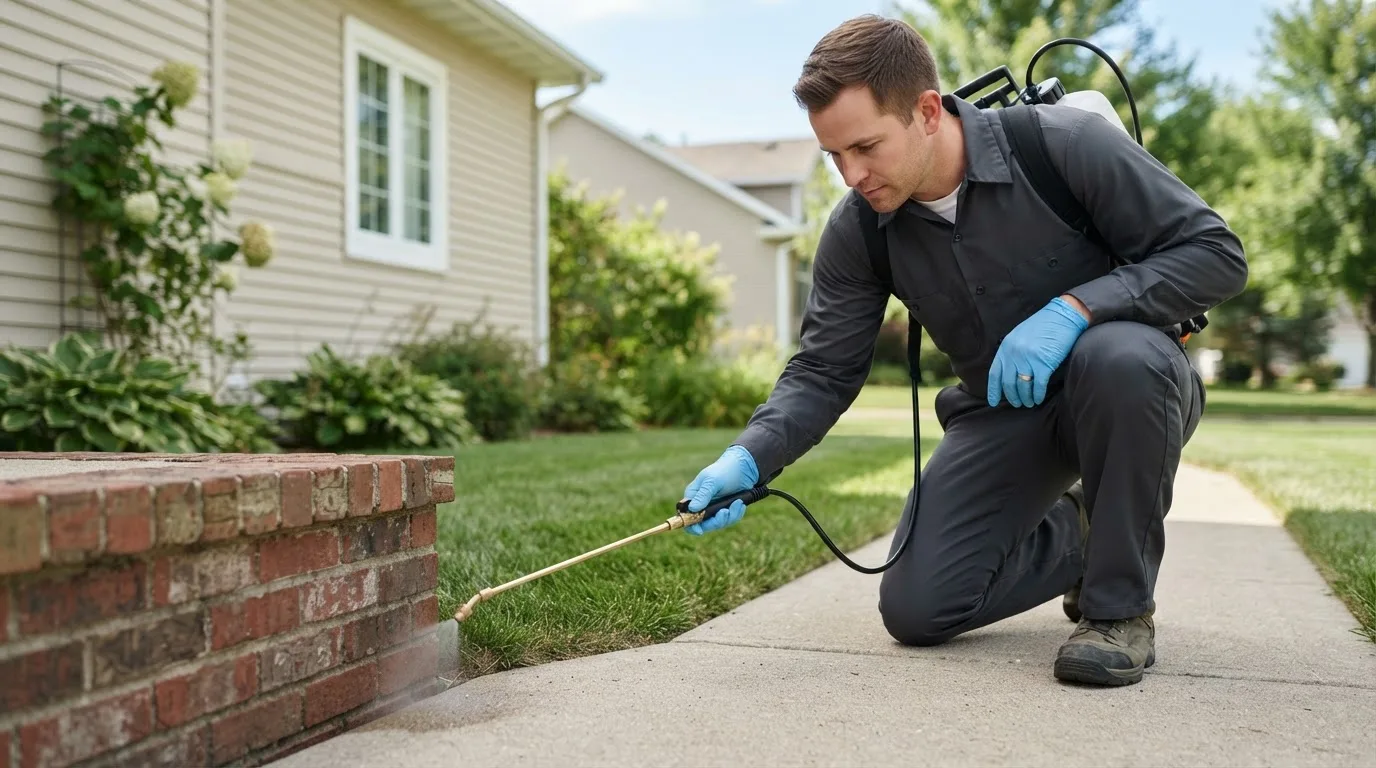 Pest control technician treating a home near Kimberly, ID